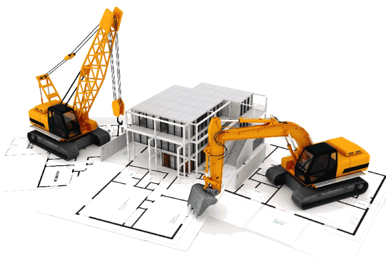 A 3d projection of building a modern house with excavator and a crane truck on the side