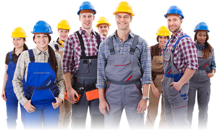A group of workers smiling and posing